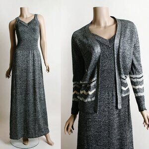 Vintage 1970s Silver Lurex Knit Maxi Dress Cardigan Sweater Top 70s Disco M